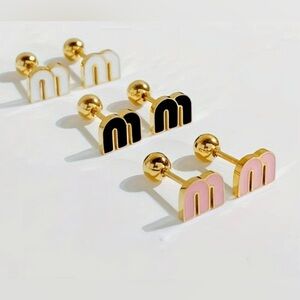Gold and Enamel M Initial Earrings Set (Pink, Black, White)